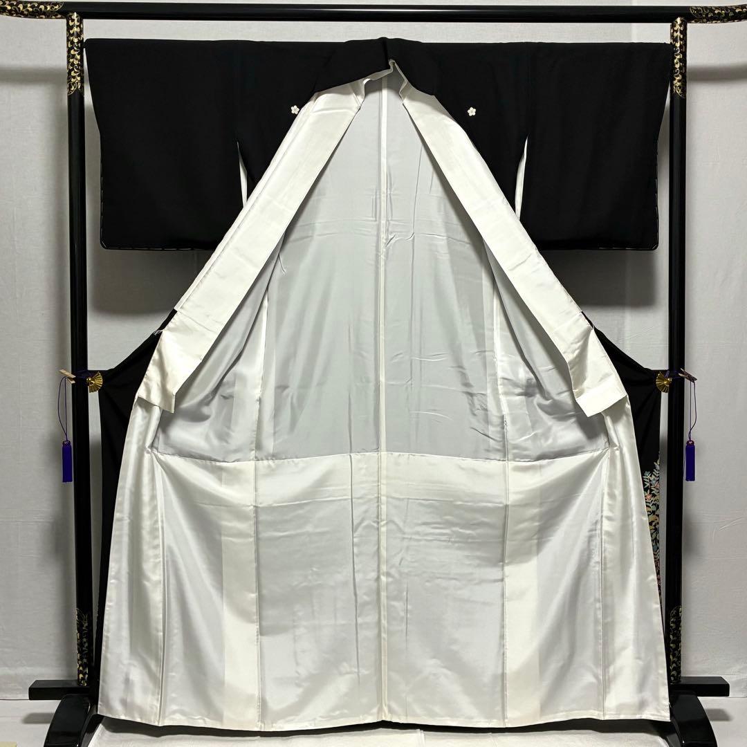 D5 黒留袖 友禅 鶴 流水 花模様 正絹 着物 袷 しつけ糸未使用極美品