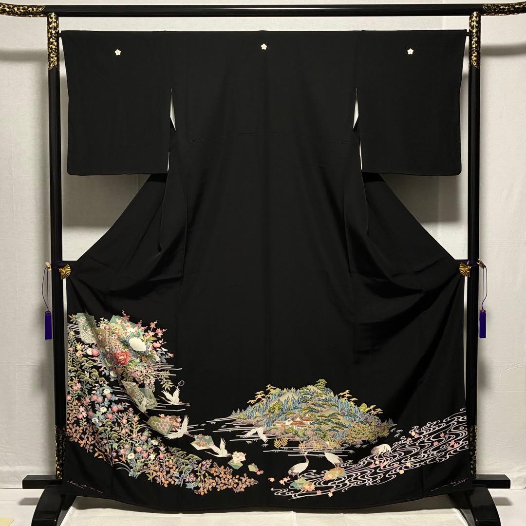 D5 黒留袖 友禅 鶴 流水 花模様 正絹 着物 袷 しつけ糸未使用極美品