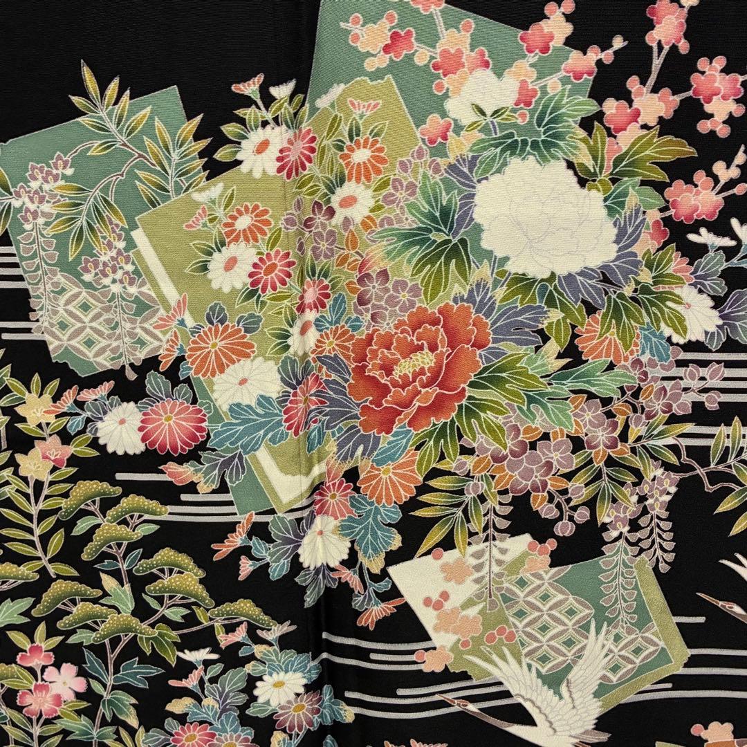 D5 黒留袖 友禅 鶴 流水 花模様 正絹 着物 袷 しつけ糸未使用極美品