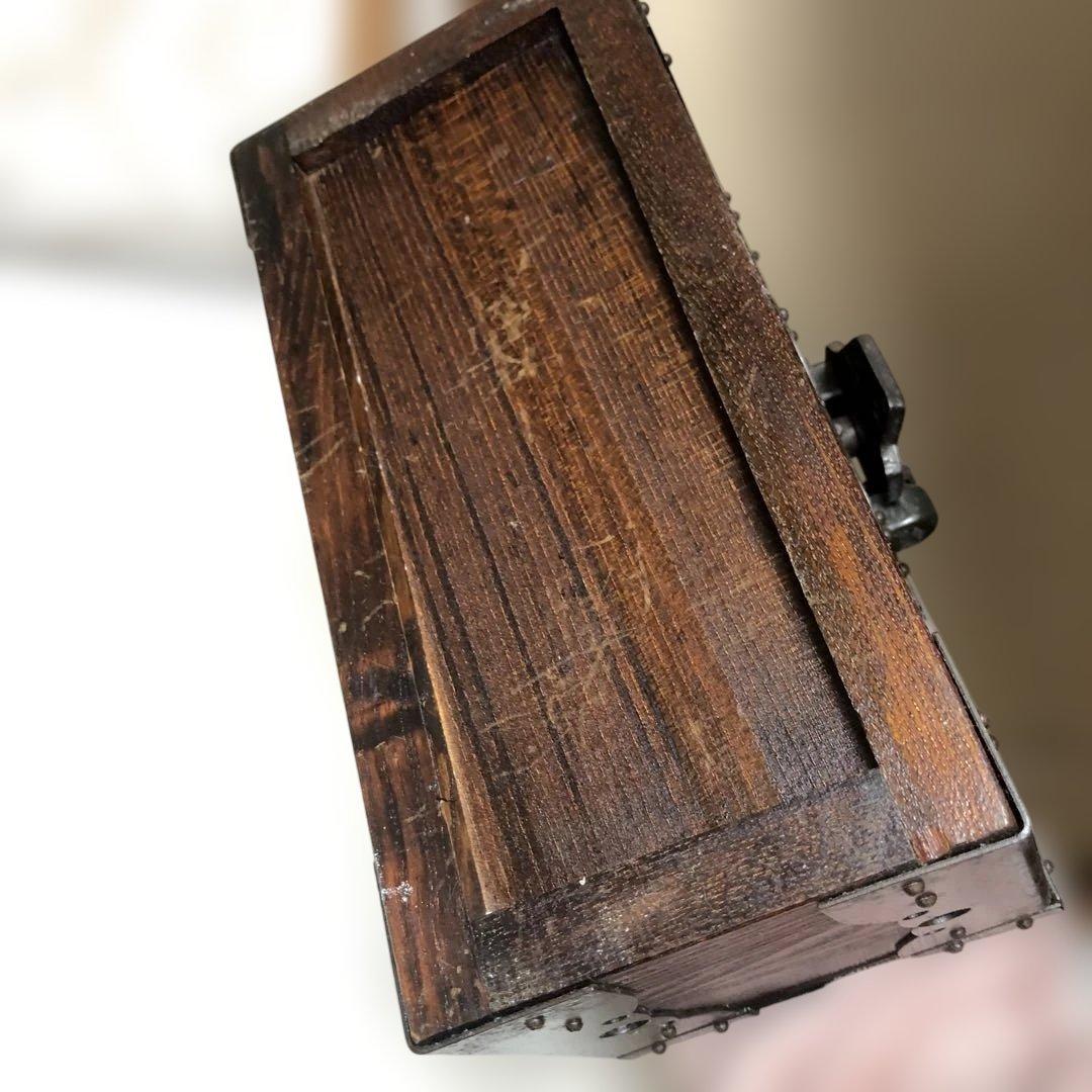 木製（欅）銭箱　千両箱　手提げ金庫　鉄金具 木製収納ボックス ダークブラウン