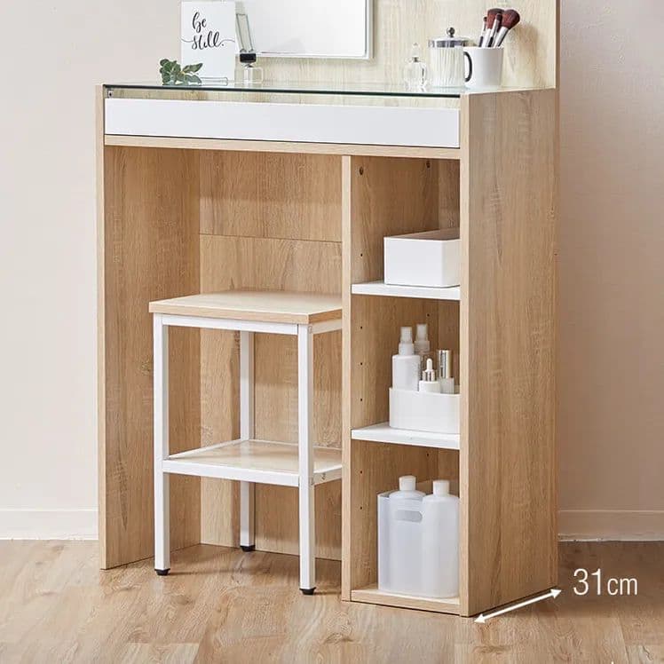 ドレッサー鏡台鏡メイク台チェア付きコンパクト省スペース棚木目調ガラス天板引き出し