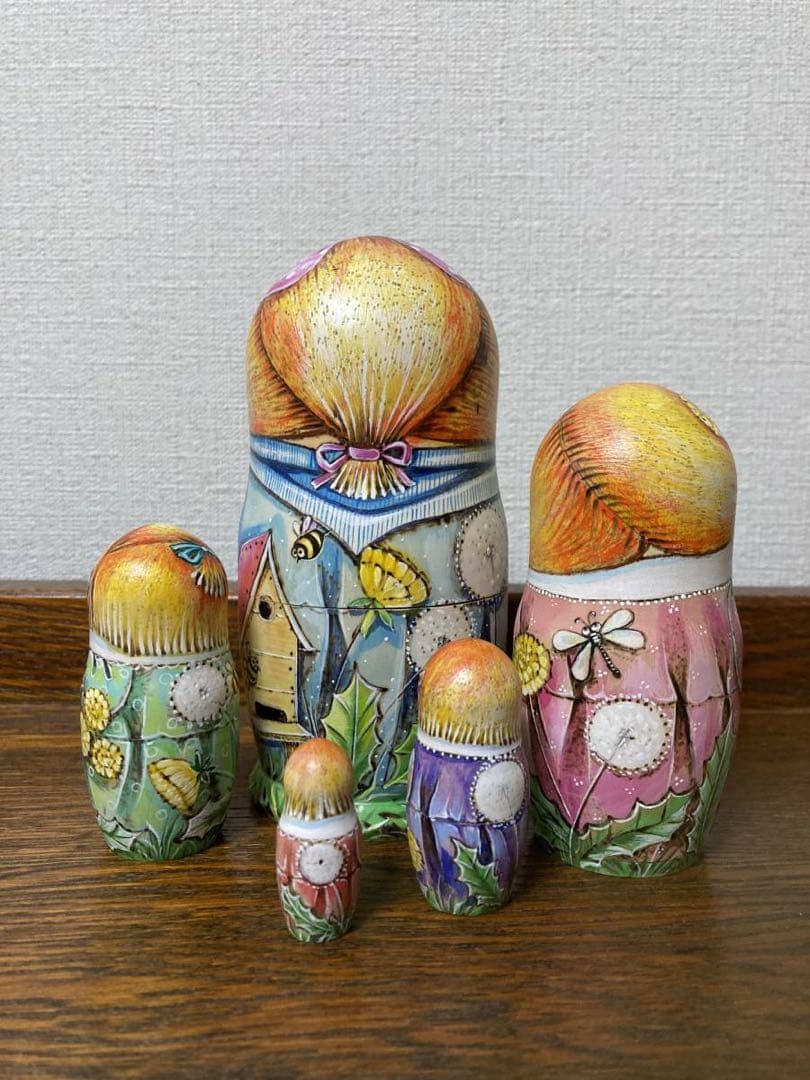 ロシア雑貨☆『タンポポ』ウッドバーニング マトリョーシカ(5P)ミラ作