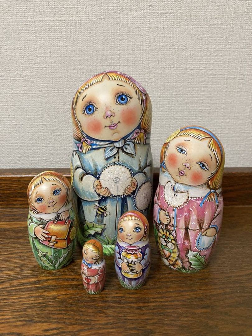 ロシア雑貨☆『タンポポ』ウッドバーニング マトリョーシカ(5P)ミラ作