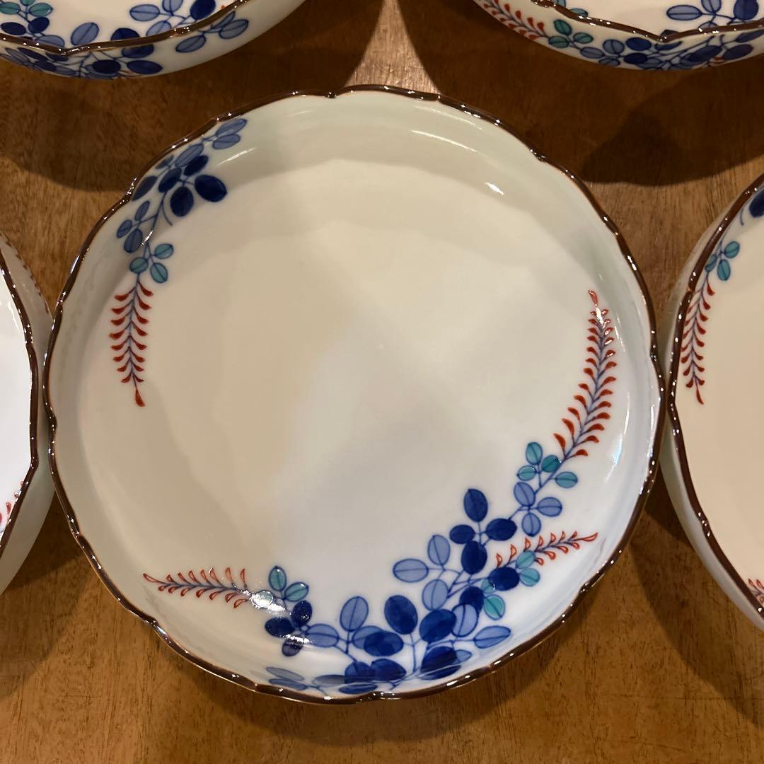 有田焼　辻製磁　辻常陸　萩絵付　高台平鉢　昭和期　五枚　(全十枚)