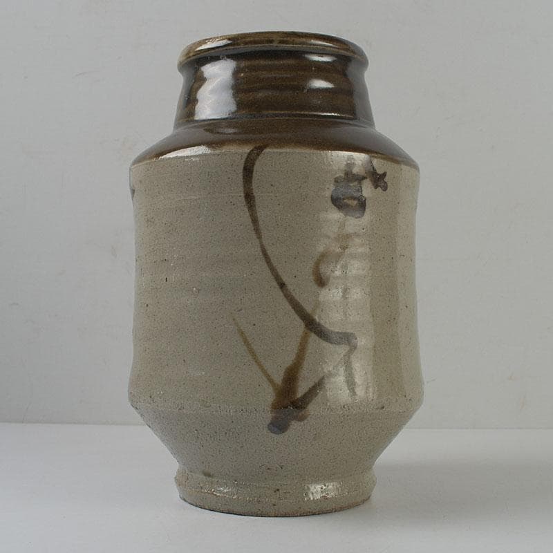 人間国宝　濱田庄司作　鐵絵花瓶　共布共箱　M　R9136H