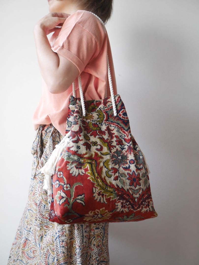 ヴィンテージ柔らかラグリメイク バッグ ロープ持ち手