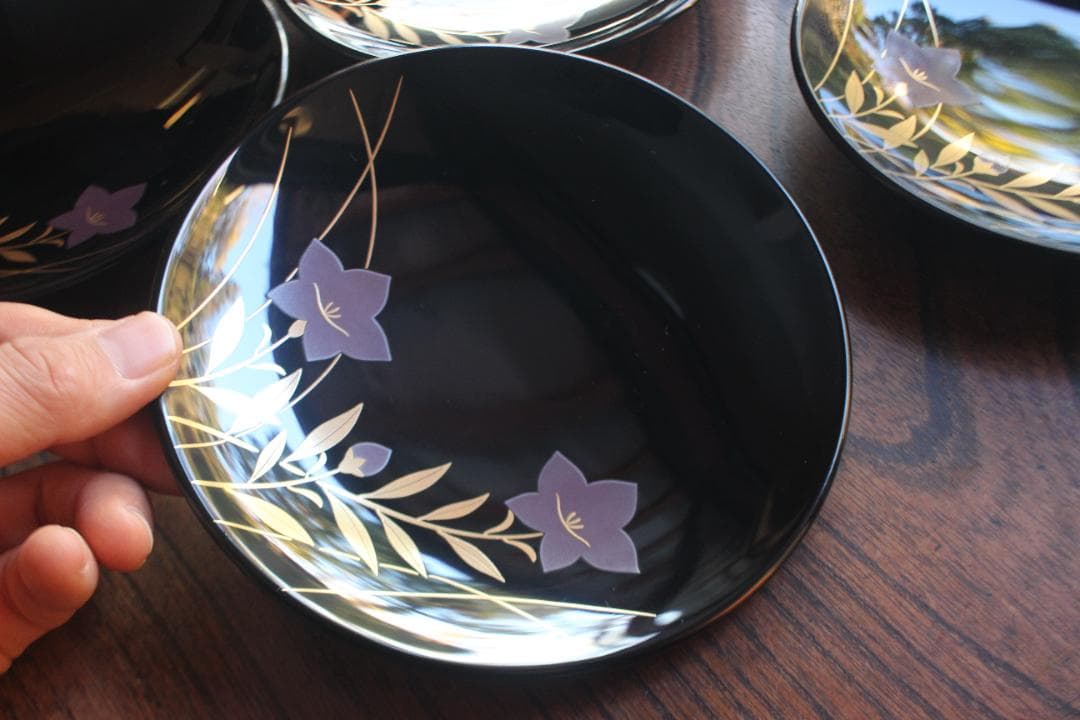 デッドストック！上質黒漆に優美な桔梗蒔絵の映える銘々皿5点（検輪島塗銘々皿蒔絵皿