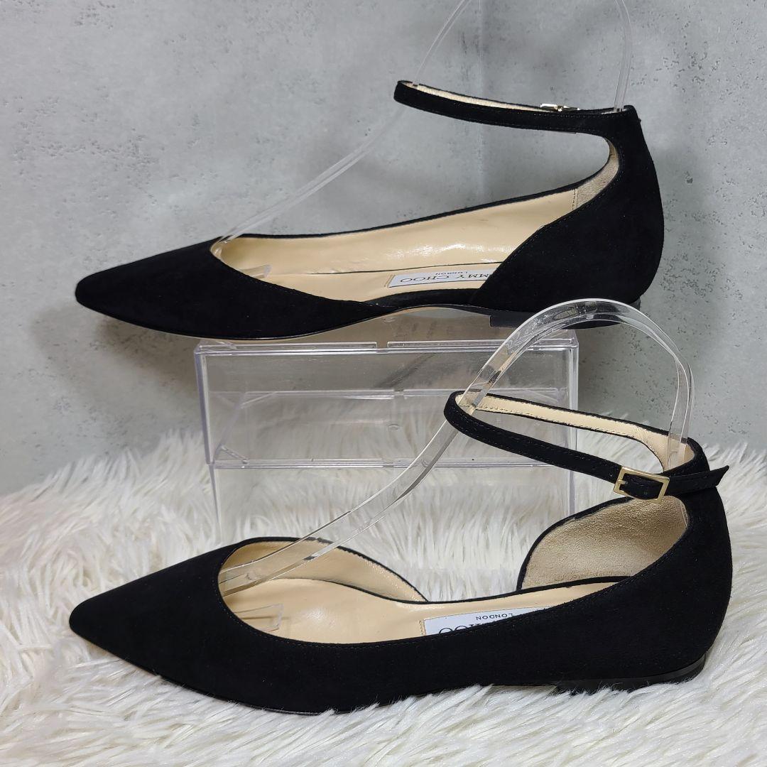 【JIMMY CHOO】ポインテッドトゥ　スエードローヒールストラップパンプス