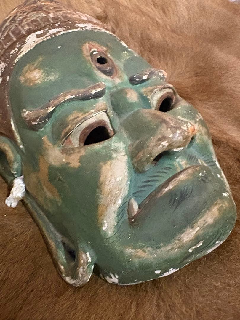 緑色仏様　神様　お面　能面　Japan ビンテージ　骨董