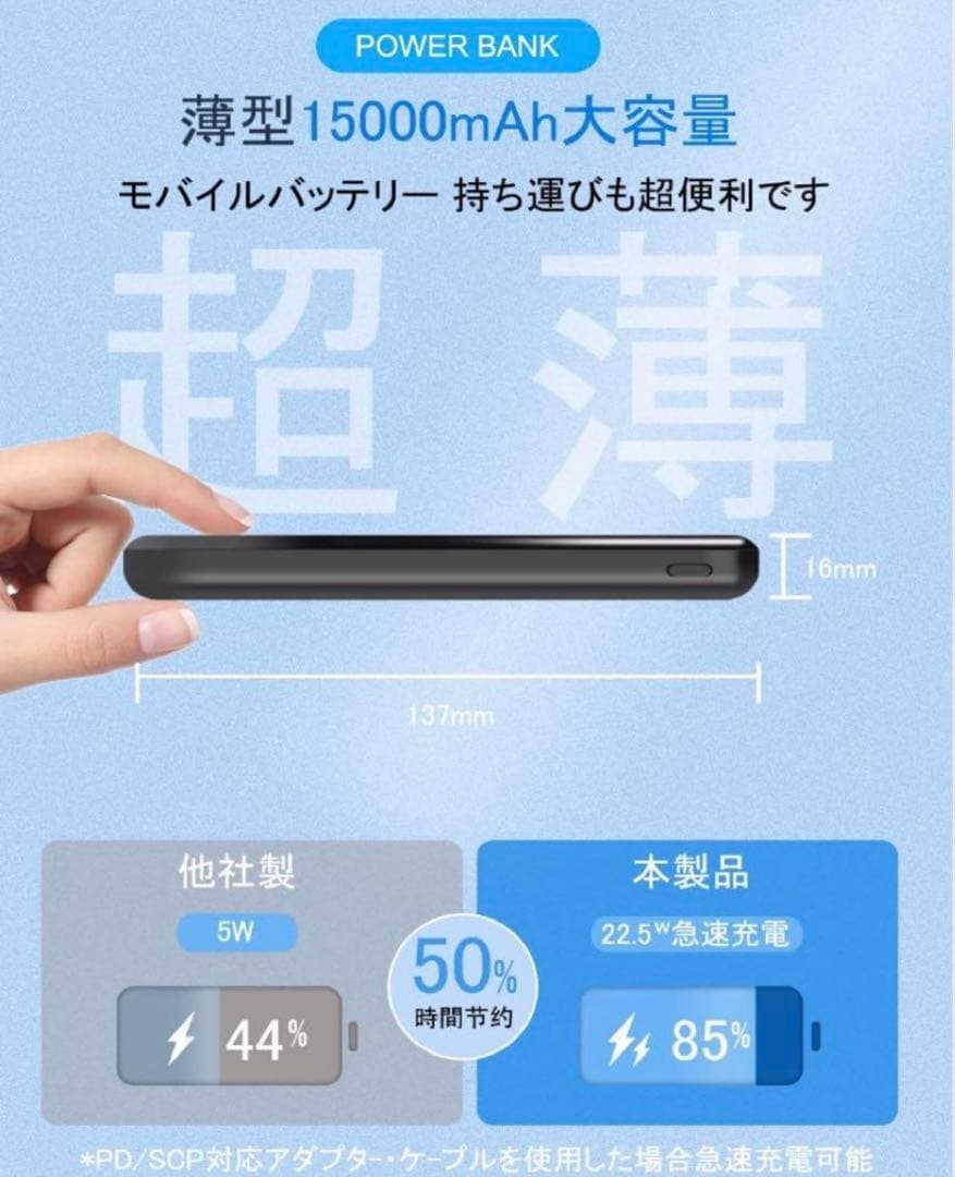 ★急速モバイルバッテリー★15000mAh大容量 22.5W/20W PSE認証