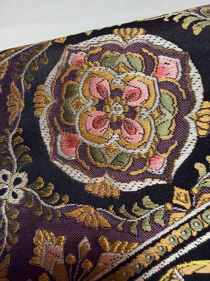 高級 袋帯 正絹 六通柄 ブラック ゴールド 花文様 フォーマル 訪問着