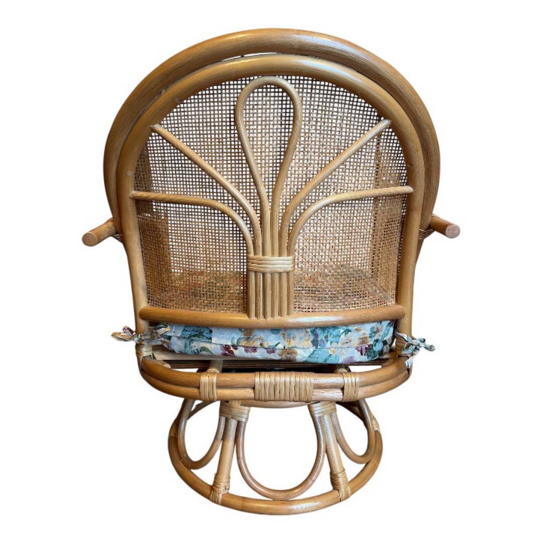 【送料無料】レトロ籐ラタン回転チェア花柄座面美品おしゃれ人気インテリア天然木風調