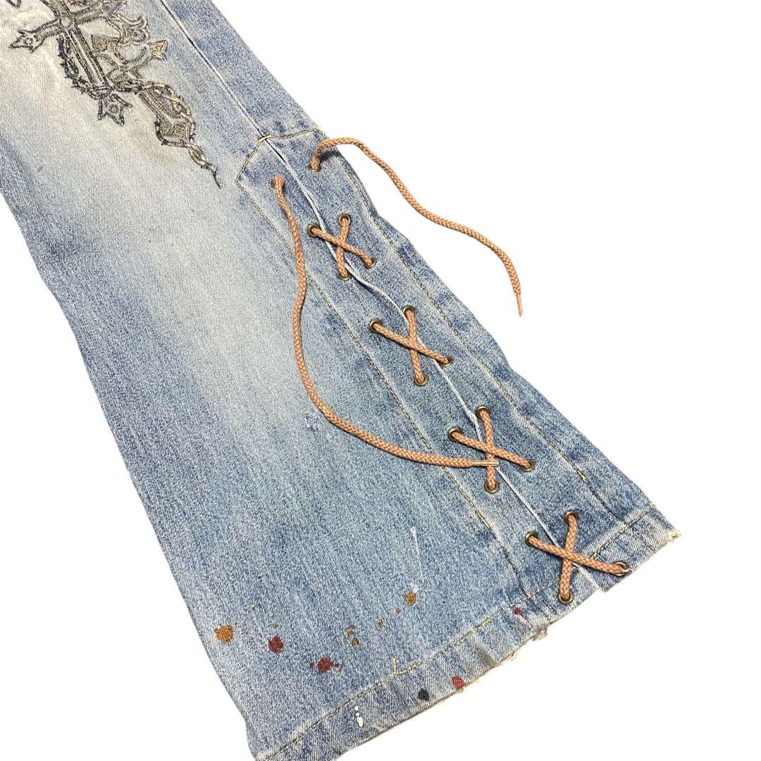 00s TORNADO MART レースアップ クロス刺繍 フレア デニム