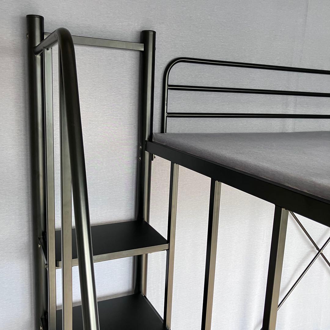 ロフトベッド階段式 スチール製 黒 宮&2口コンセント
