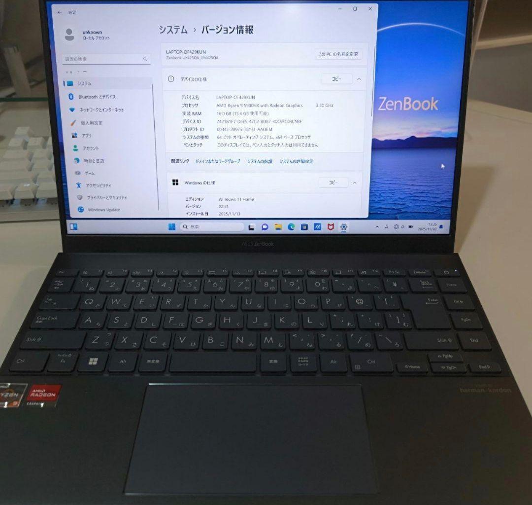 Windowsノート本体 Asus Zenbook Ryzen9 5900HX 16GB SSD512GB