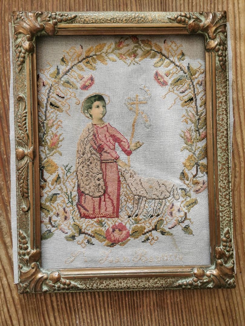 アンティーク バプテスマの聖ヨハネと羊と薔薇 ニードルポイント 手刺繍 額付