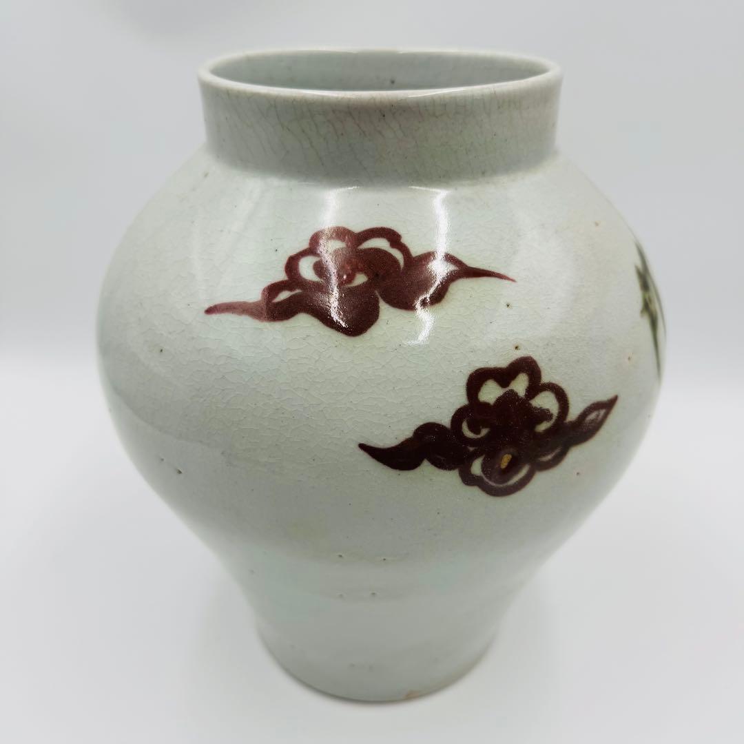 【安東五　李朝白磁辰砂花瓶　壺　鳳凰に雲　共箱】骨董　韓国美術