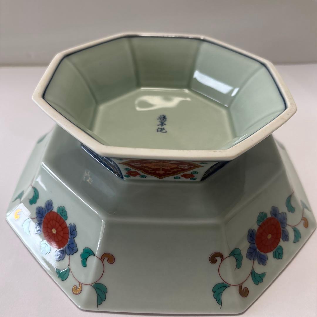 高台大鉢　伊万里　山水八角　色絵　金彩飾り　高台皿　高台鉢　未使用　有田焼