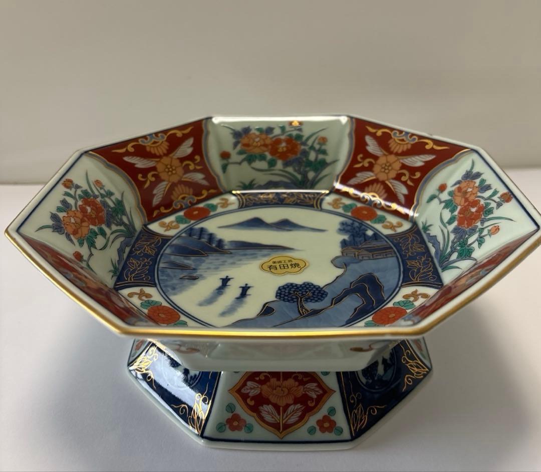 高台大鉢　伊万里　山水八角　色絵　金彩飾り　高台皿　高台鉢　未使用　有田焼