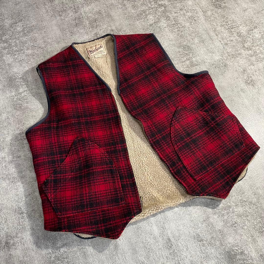 80's美品WoolrichウールリッチUSA製ベスト赤チェックXL裏地ファー