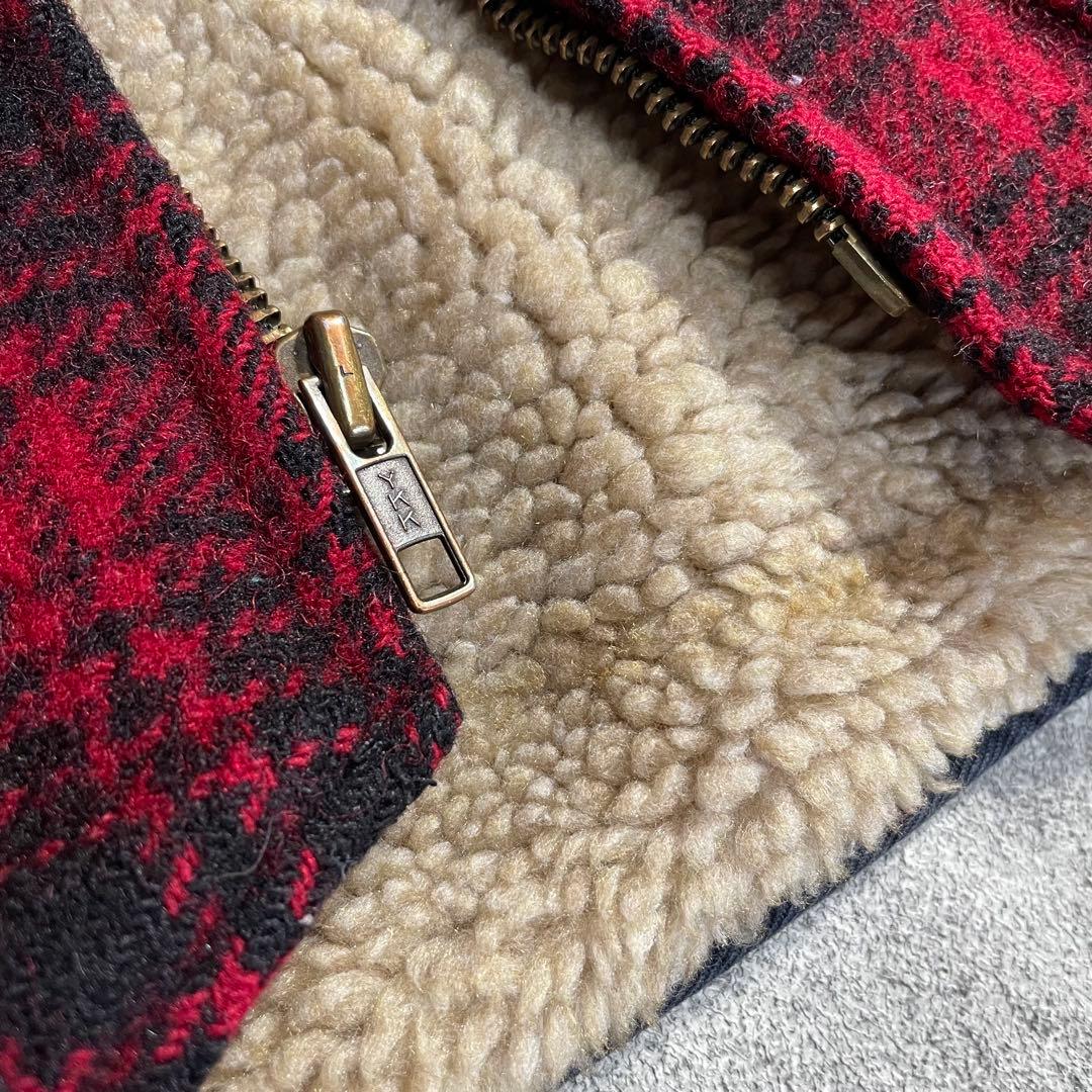 80's美品WoolrichウールリッチUSA製ベスト赤チェックXL裏地ファー