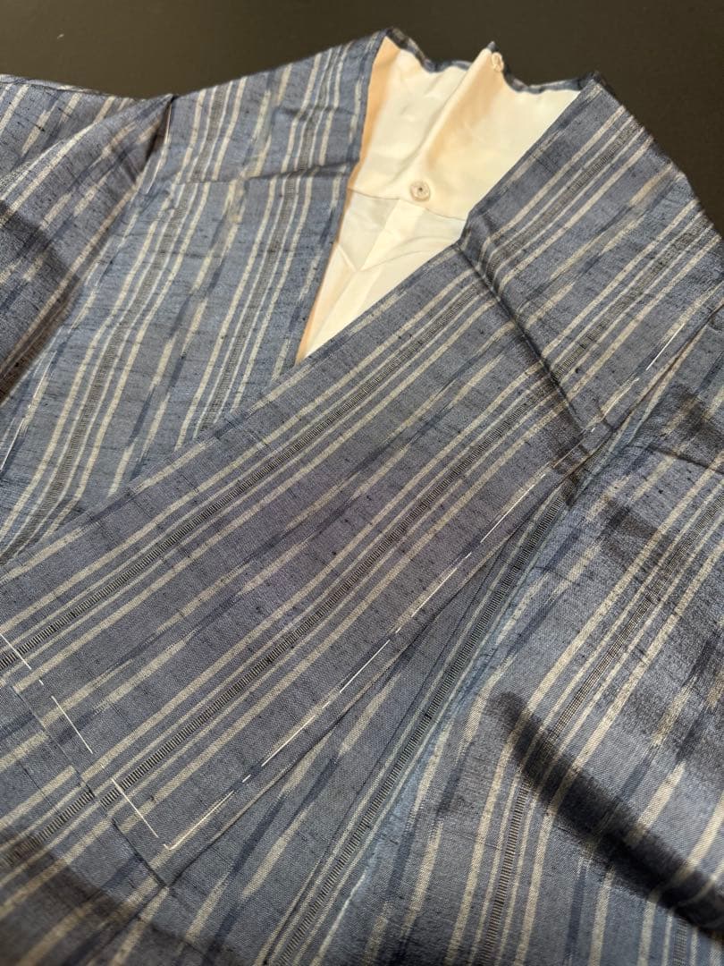 【未着用品】西陣織染匠「美吉」米沢産米沢紬 手機織 藍鼠色「多種縦縞文様」