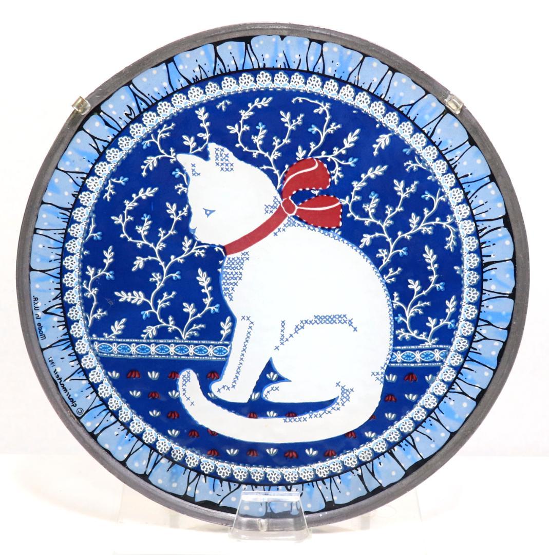 赤いリボンを巻いた白猫 ヴィンテージ ステンドグラス レア 丸型 ブルー 青