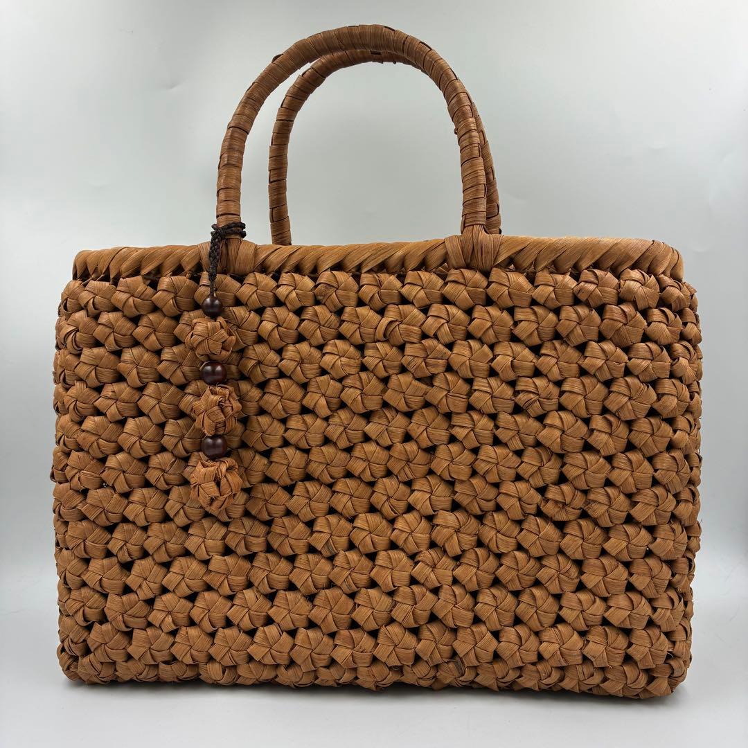 美品】カゴバッグ　山葡萄　六角花編み結び　飾細工付　内布付き　茶色
