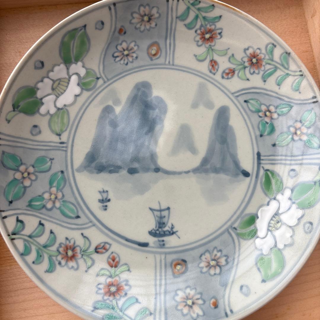 五代佐藤走破作 染錦辻ヶ花文中国桂林山水皿　食器