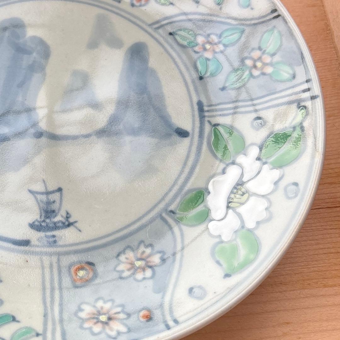 五代佐藤走破作 染錦辻ヶ花文中国桂林山水皿　食器