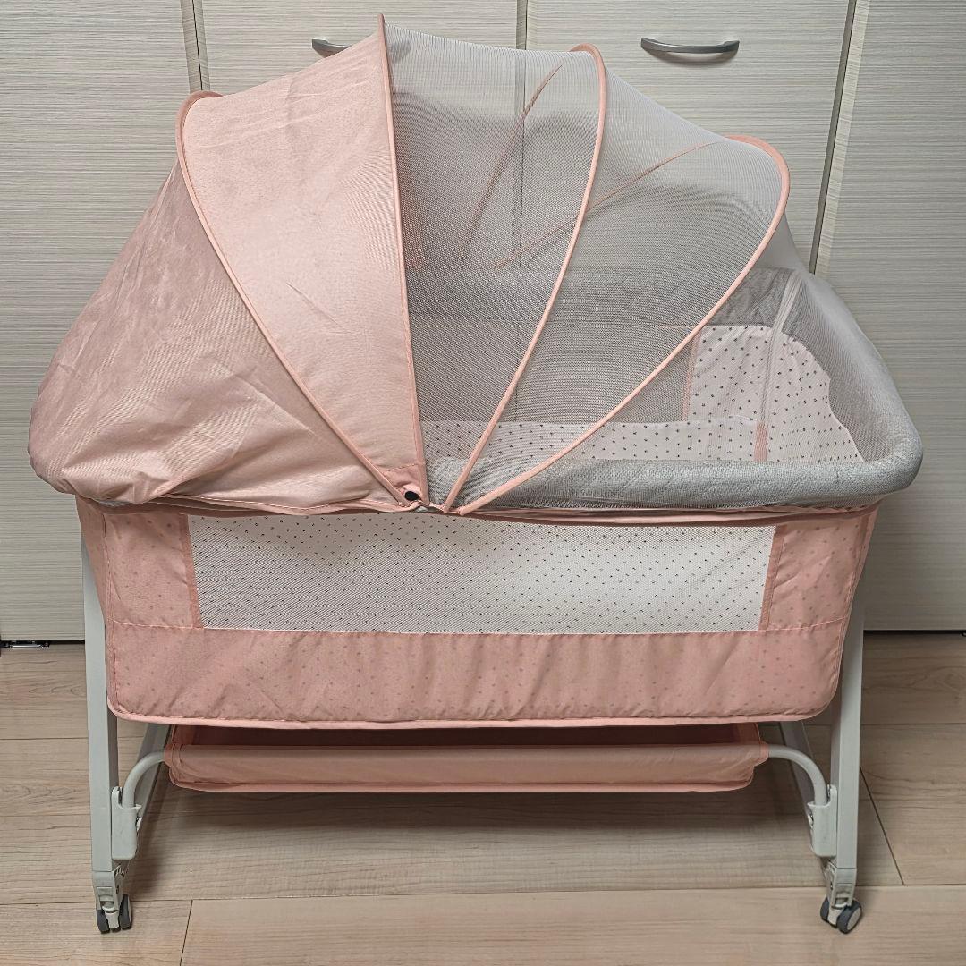 【最終値下げ】ベビーベッド ピンク 新生児 乳児用 高さ6段調節 蚊帳
