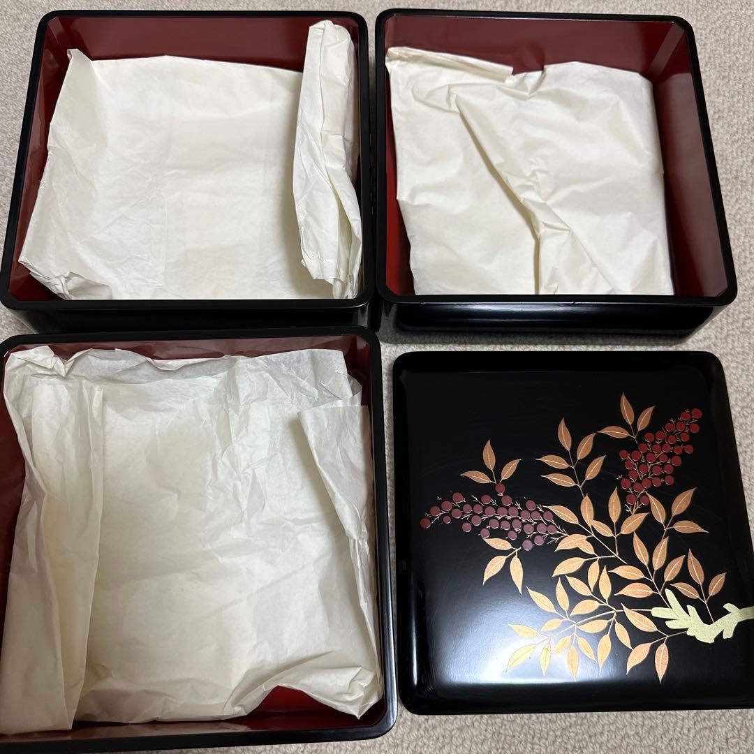 お正月 重箱(3段)セット 漆器 天然木 会津塗 南天 無垢材
