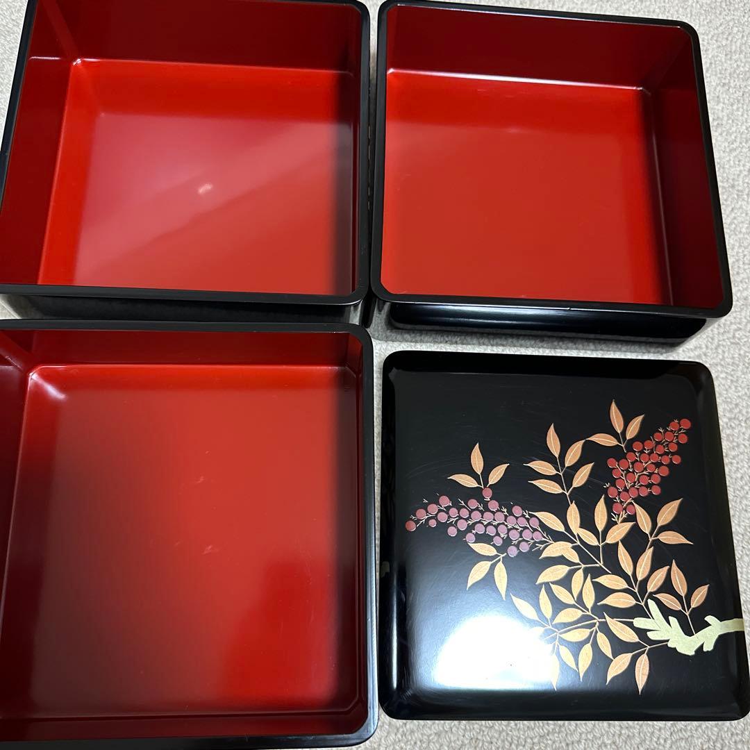 お正月 重箱(3段)セット 漆器 天然木 会津塗 南天 無垢材