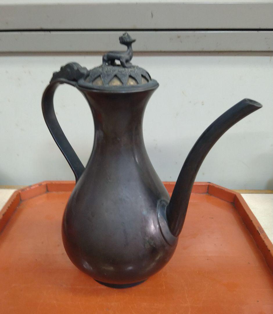 室町時代古赤銅鍍金獣蓋酒注瓶 R130春