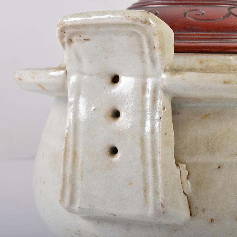 朝鮮美術　李朝　白磁　双耳香炉　唐木蓋付　U　R8373