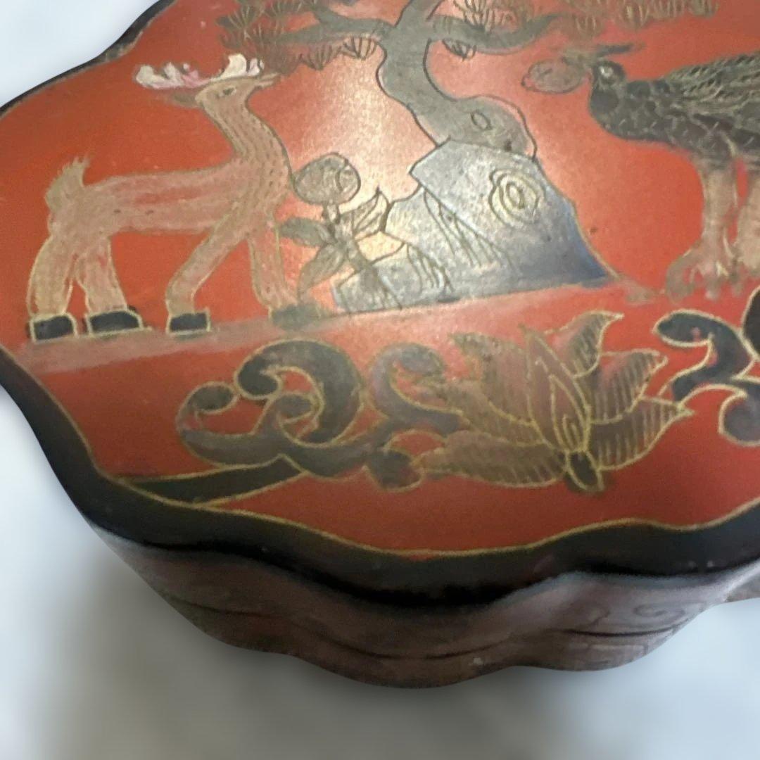 中国 清時代 インテリア　漆器 重箱 鹿と鳥のデザイン