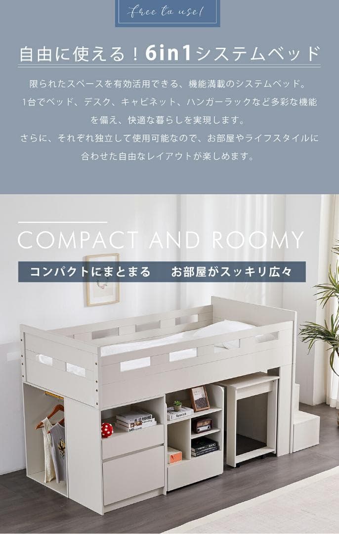 システムベッド　大容量収納・ デスク・本棚付き大人 一人暮らし　WHITE
