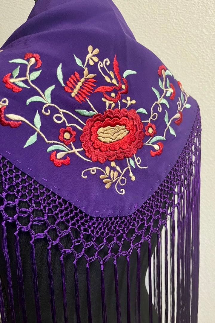 フラメンコ　刺繍シージョ　パープルx赤系刺繍　ロングフレコ