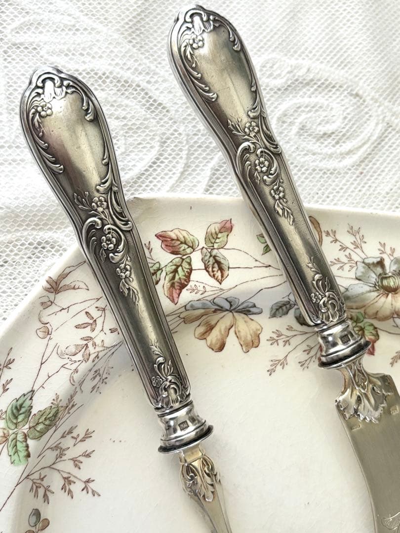 フランスアンティーク サーバー サービング ナイフ フォーク シルバーカトラリー
