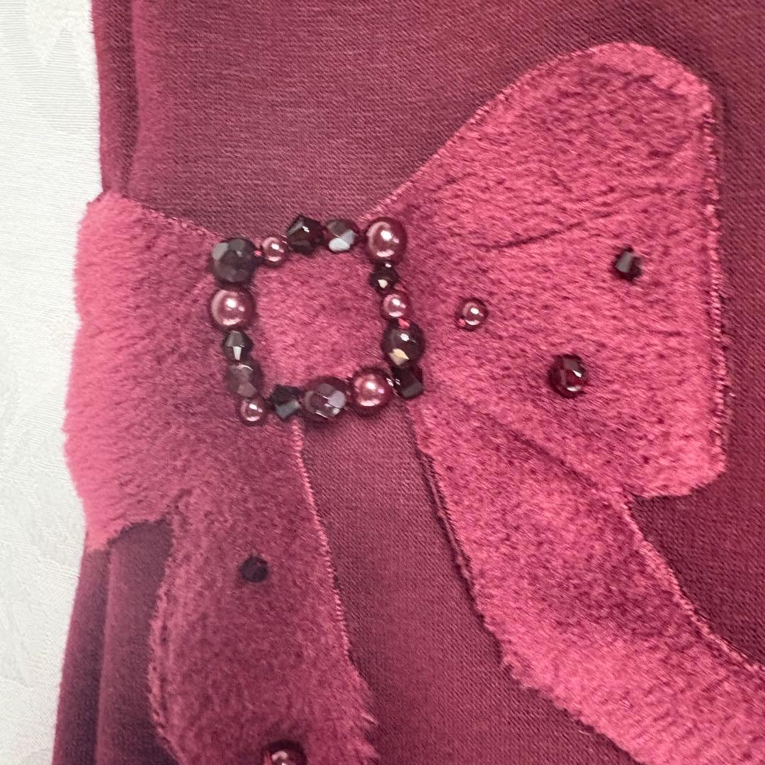 美品　アミティエ　極暖　厚手フリース　リボン装飾付きワインレッド　ガウチョパンツ