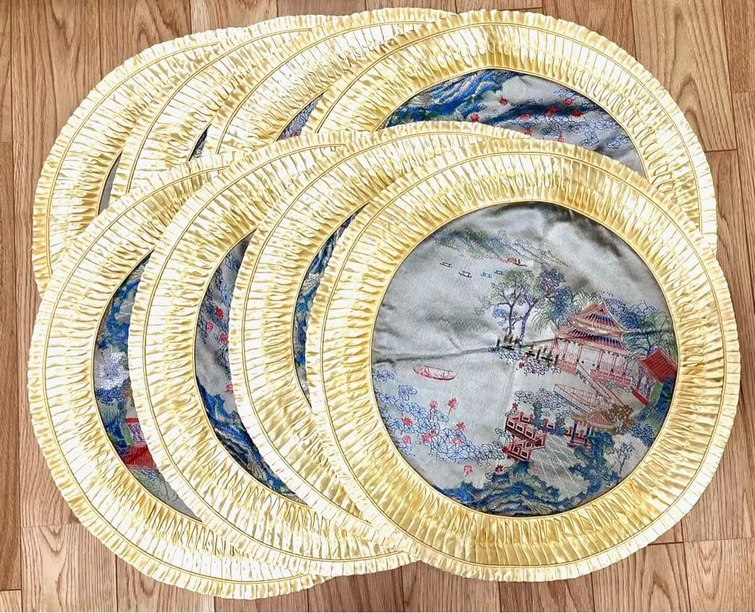 新品❗️レトロ中国シルク丸イエロー刺繍風景画 デザイン クッションカバー8枚セット