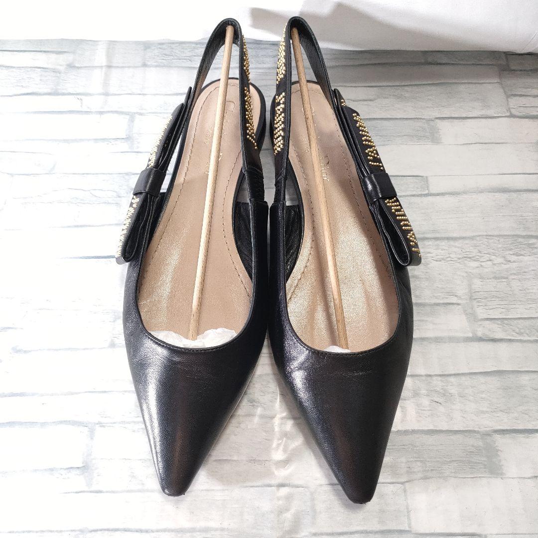 箱保存袋付き美品✨Dior　スリングバックフラットパンプス　レザー　黒×ゴールド
