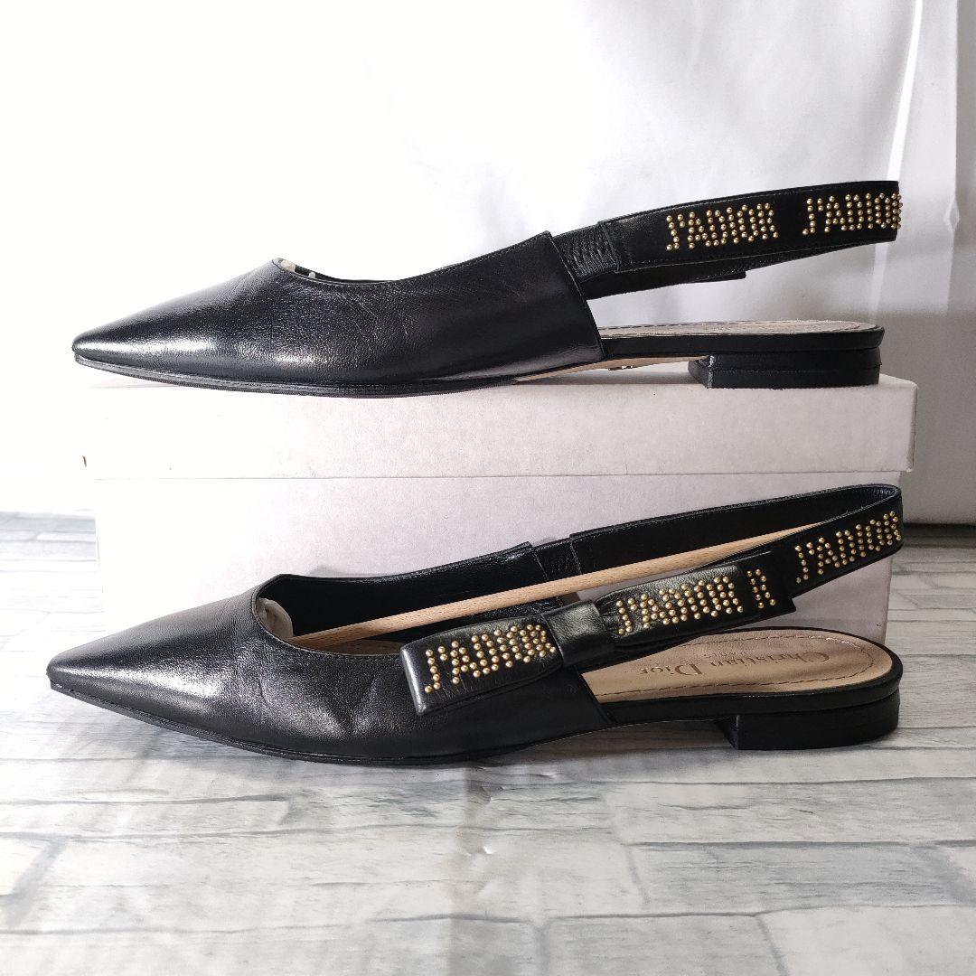 箱保存袋付き美品✨Dior　スリングバックフラットパンプス　レザー　黒×ゴールド