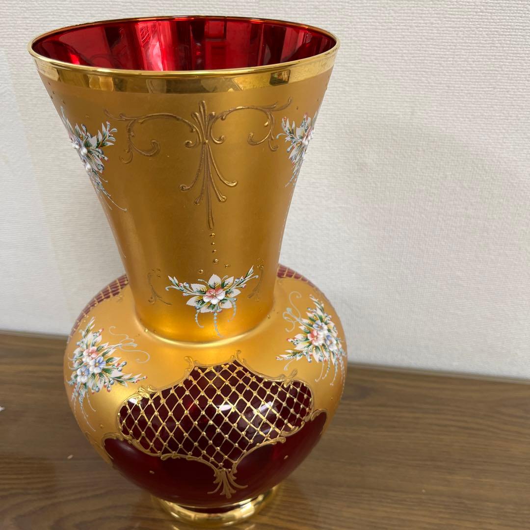 希少★イタリア製 ヴェネツィアグラス フラワーベース レッド 花瓶 ムラノグラス