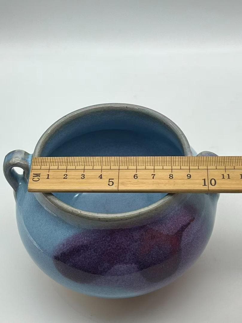 明时代 鈞窯　青磁 澱青月白釉紫斑 双糸耳香炉 水丞 香炉　茶道具(A-91)