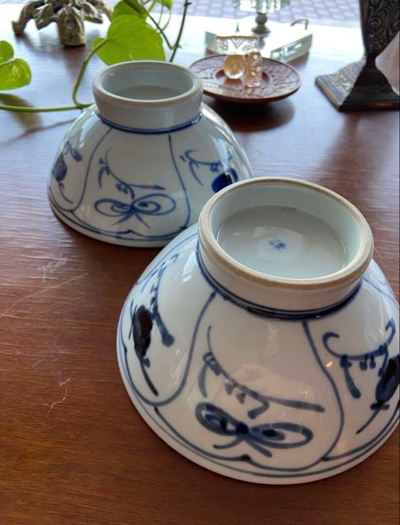 砥部焼　砥部窯　青い手描き模様の陶器飯碗　丼　7個