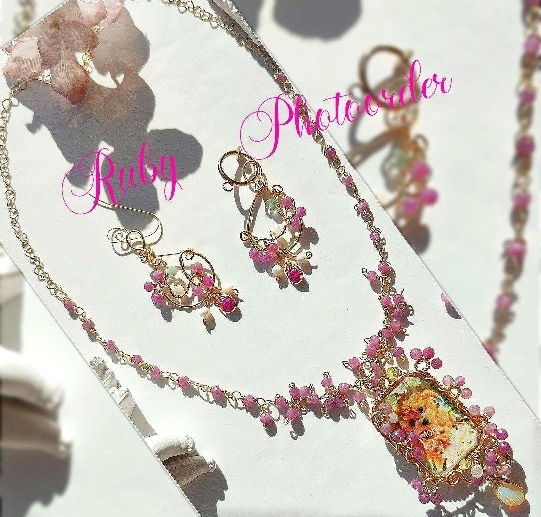 14kgf うちの子【写真ネームオーダー ルビー ピンクオパールネックレス】