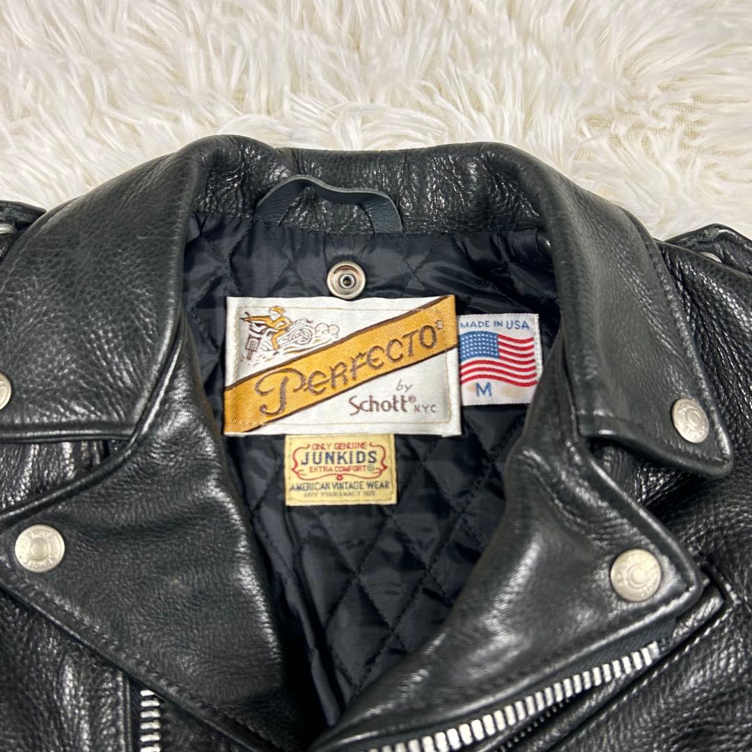 美品 ショット レザーダブルライダースジャケット 黒 牛革 キッズM アメリカ製