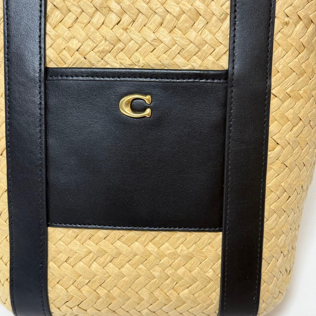 コーチ かごバッグ C金具 肩掛け可能 ストロー×レザー ブラック