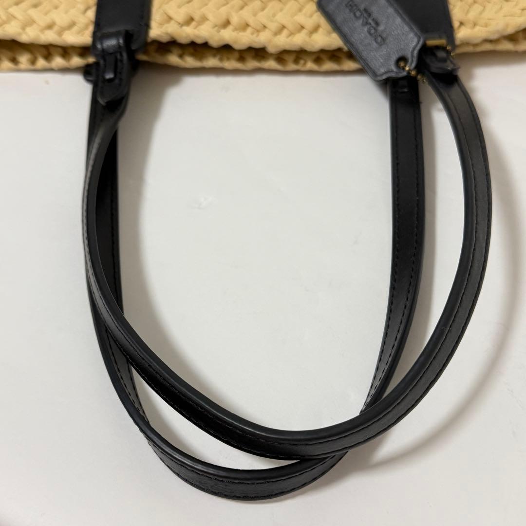 コーチ かごバッグ C金具 肩掛け可能 ストロー×レザー ブラック